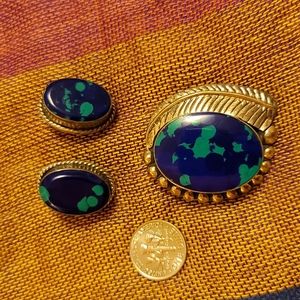 Vintage Signed Taxco Azurite & Sterling Silver Pendant/Brooch Combo & Earrings